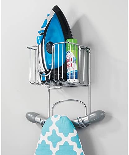 mDesign Wall Mounted Ironing Board Holder Strong Steel Ironing Board Rack Practical Ironing Board Holder with Storage Basket Silver
