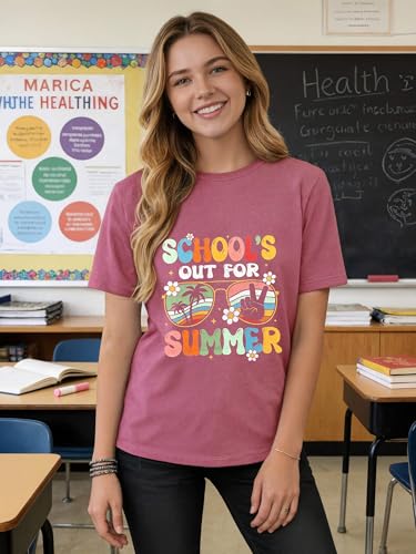 Happy Last Day of School Shirt Womens Schools Out for Summer T-Shirt Teacher Off Duty Gift Shirt Pink L