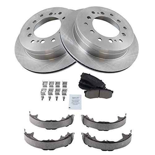 Image of TRQ Rear Brake Pad and Rotor Set Ceramic Parking Brake Shoes Compatible with 2003-2009 Lexus GX470 Toyota 4Runner 2007-2009 FJ Cruiser 2001-2007 Sequoia