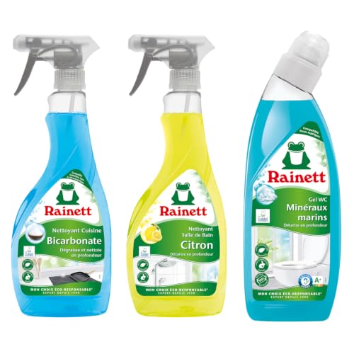 RAINETT - Spray Nettoyant & Dégraissant Cuisine au Bicarbonate / Spray Nettoyant Spécial Salle de Bain / Nettoyant WC Minéraux Marins en Gel