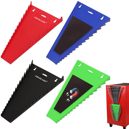 Magnetic Wrench Organizer 4-Piece, Wrench Rack Tool Trays SAE (1/4 to 1-1/16), Metric (6mm to 24mm), 64-Slot Drawer Storage Tools, Wrench Set Holder