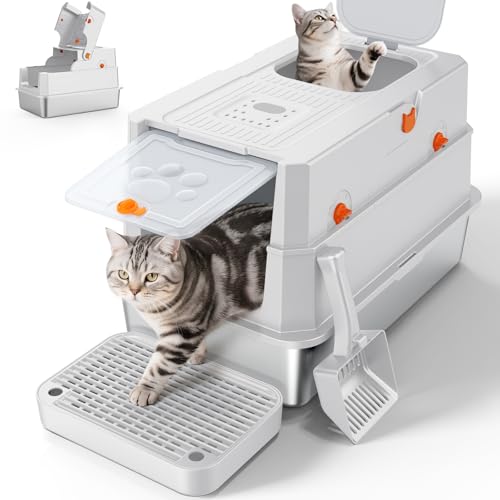 MIXJOY Stainless Steel Litter Box with Lid, XXL Extra Large Enclosed Cat Litter Box for Big Cats, Metal Cat Box with High Sided Enclosure & Scoop, Front & Top Entry, Odor Free, Anti-Leakage, Silver