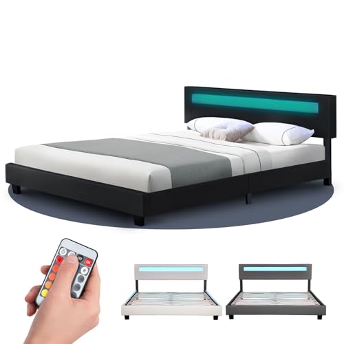 Juskys Lit rembourré Paris 160x200 cm avec éclairage LED, sommier à Lattes et tête de lit, Simili Cuir, Cadre de lit pour Adulte et ado, 2 Personnes, Noir