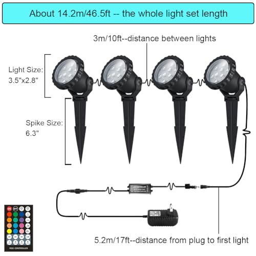 COVOART Spotlights Outdoor, RGB Color Changing Landscape Lights 12W 800lm 120V Plug in LED Spot Lights with Remote, IP66 Waterproof Outdoor Lights for Tree Yard House Flag Garden, 46.5ft Cord, 4 Pack by COVOART - Image 6