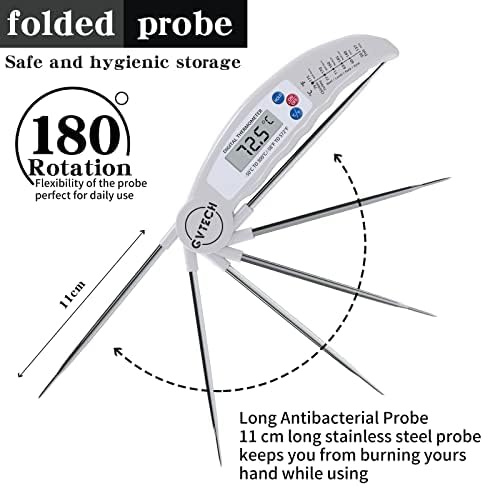 Food Thermometer, Digital Instant Read Meat Thermometer, Foldable Long Probe Food Cooking Thermometer with °F/°C, Auto On/Off, Perfect for Kitchen Smoker Grill BBQ Water Milk Jam Hot Beverage (White)