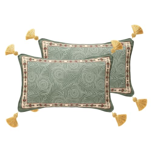 patdrea Designer Throw Pillow Covers Set of 2,French Elegant Green Linen with Curly Grass and Floral Pattern Pillow Covers,Decorative Lumbar Pillowcases Cushion for Bed Living Room Outdoor,12"x20" by patdrea - Used condition - US$24.17