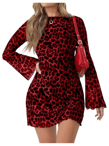 Image of Milumia Women's Leopard Print Mini Dress Y2k Bell Long Sleeve Cheetah Short Dresses Going Out Party Clubbing Outfits
