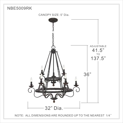 Image of Quoizel Noble Candle Chandelier, 9-Light, 36 inch H x 32 inch W Rustic Black Vintage Chandelier, 60W Bulbs, Max Adjustable Height 138 inch, Pendant Light for Kitchen, Dining, Living Room, Foyer or Farmhouse