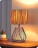 EDISHINE Tischlampe Wohnzimmer, Boho Tischleuchte mit gewebtem Papierseil-Schirm in Metallgitter-Optik, E14 Nachttischlampe Vintage für Schlafzimmer, 29 cm, inkl. 4W LED-Leuchtmittel, Schwarz