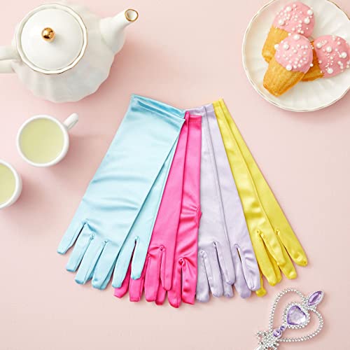 Juvale Princess Gloves for Girls 4-6 - One Size, 4 Pairs, Satin, Pink, Yellow, Purple & Blue - Kids Dress Up & Tea Party Soft Stretch Costume Gloves3