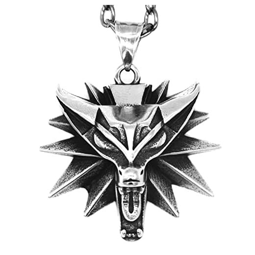 Witcher 3 Necklace with White Wolf Medallion, Wolf Pendant Necklace for Men Women丨Vintage Steel Roaring Anime Cosplay Jewelry Necklace丨Silver