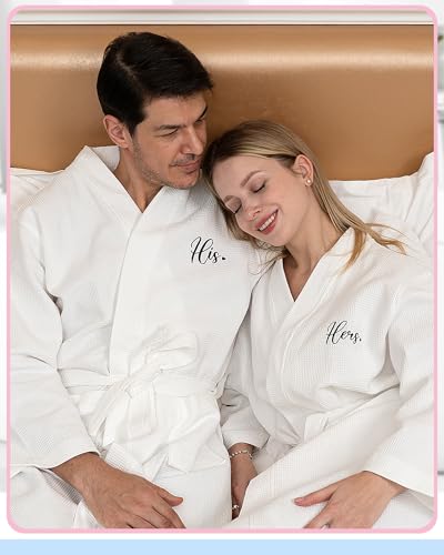 Image of Jecery 2 Pack His and Hers Robes Gifts for Couples Cotton Waffle Knit Matching Robes Party Anniversary Wedding Women Men