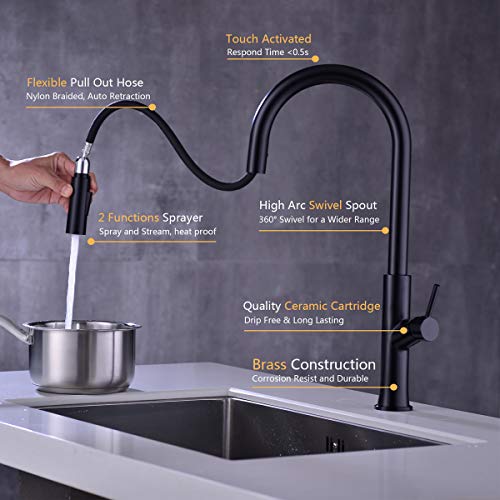 Touch-On Kitchen Faucet With Pull Down Sprayer Single Handle Brass Touch Activated Kitchen Sink Faucet With 2-Way Pull Out Sprayer, Lead-Free Water Supply, Kpf-1322B-T, Matte Black #TOP2