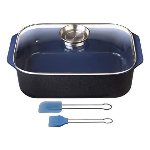 GSW 800419 Cobalt Blue Square Induction Roasting Tray with Aroma-Protecting Glass Lid for Frying 40X26X11 CM. 8 ml with Pastry Brush, Set of 2 Die-Cast Aluminium Black/Blue, 40 x 26 x 12.5 cm Cover