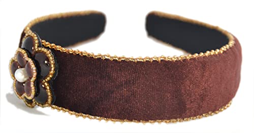 Serre-tête bordeaux avec petite fleur en porcelaine, perles de verre et velours de soie