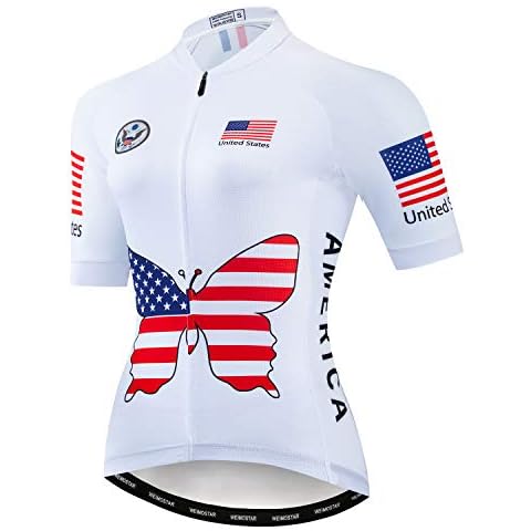 Cycling Jersey Women USA Short Sleeve MTB Bike Shirt Ladies Bicycle Jacket Breathable Reflective US White Butterfly Size S Cover