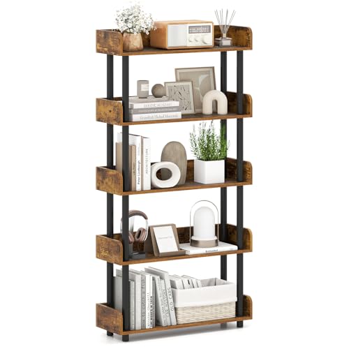 GIANTEX 5-Tier Bookshelf, Freestanding Bookcase with Anti-Tipping Kit, Open Storage Organizer, Standing Display Rack Shelving Unit, 5 Shelf Bookcase for Living Room Bedroom Study, Rustic Brown
