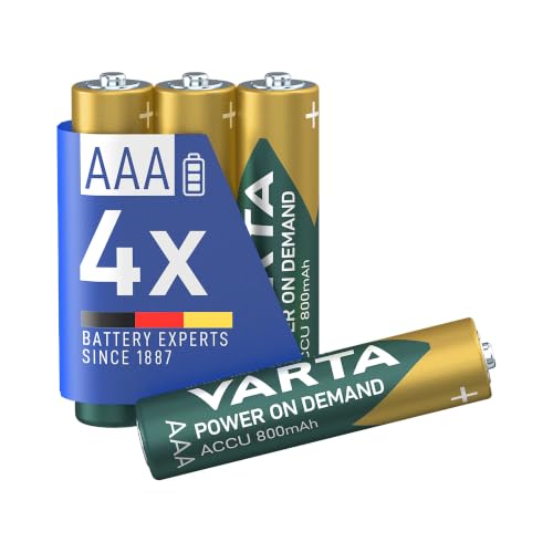 VARTA Batterien AAA, wiederaufladbar, 4 Stück, Power on Demand Recharge Accu, Akku, 800 mAh Ni-MH, ohne Memory Effekt, vorgeladen, in umweltschonender Verpackung, sofort einsatzbereit
