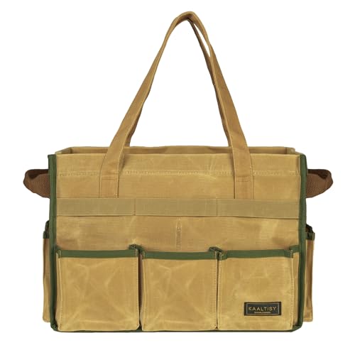 Canvas Tool Bag, 16OZ Waxed Canvas Tool Tote Bag with Metal Zipper & 12-Pocket Design, Multi-Purpose Garden Tool Storage Tote for Electrician Gardener Plumber | Khaki | 14.5"L x 7.5"W x 10"H