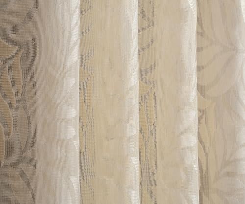 Image of Fabrilia Leaf Pattern Net Sheer Curtains for Window | Premium Semi Transparent Curtain with Elegant Botanical Leaf Design | Cream | 5 feet | Set of 2