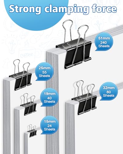 170 Stück Schwarz Foldback Klammern Set，Caianwin 15/19/25/32mm Binder Clips Metall Büroklammern Vielzweckklammern,Dokumenten Clips Papierklammern Metall für Schule Bürobedarf Briefpapier Notizen