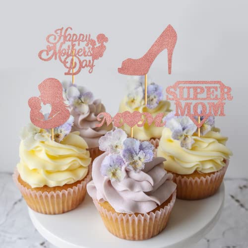 24Pcs Mothers Day Cupcake Toppers Happy Mothers Day Cupcake Topper Happy Mothers Day Cupcake Picks Mom Cupcake Topper Happy Mother's Day Theme Party Cake Decorations Supplies (Rose Gold) #TOP3