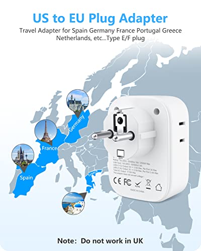 LENCENT Germany France Travel Power Adapter, Schuko Type E F Power Plug Adaptor with 4 USB Ports(2 Type C), 4 Outlet Converter, US to EU Spain French German Greece Norway Iceland South Korea Portugal