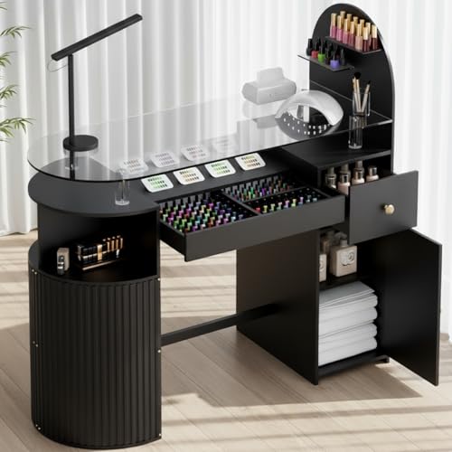 HolaiNail Manicure Table Nail Station with Tempered Glass Top, Professional Nail Tech Desk with Storage Cabinet & Drawer, Acetone Resistant, for Nail Beauty Salon Workstation(Black)