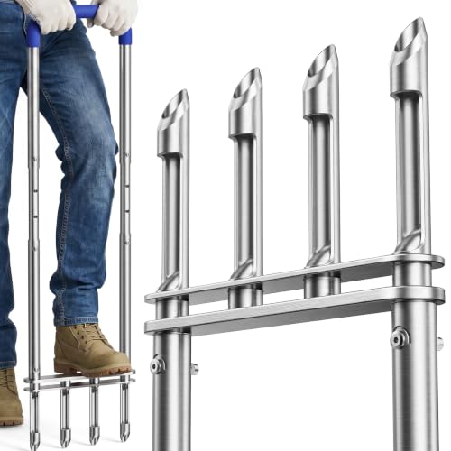 Knee-Friendly Manual Lawn Aerator, Adjustable 43.3–48.5", Silver, Dual Step