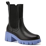TINSTREE Womens Lug Sole Boots, Women's Lug Sole Platform Boots Mid Calf Elastic Chunky Block Heel Leather Chelsea Booties Blue Black,06
