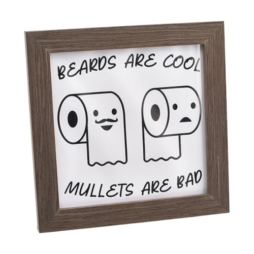 FINGERINSPIRE Beards Are Cool Mullets Are Bad Wood Sign with Acrylic Layer 7x7 Inch Rustic Humor Toilet Paper Bathroom Signs Funny Wooden Sign Hanging Frame Sign for Home Washroom Bathroom Decor