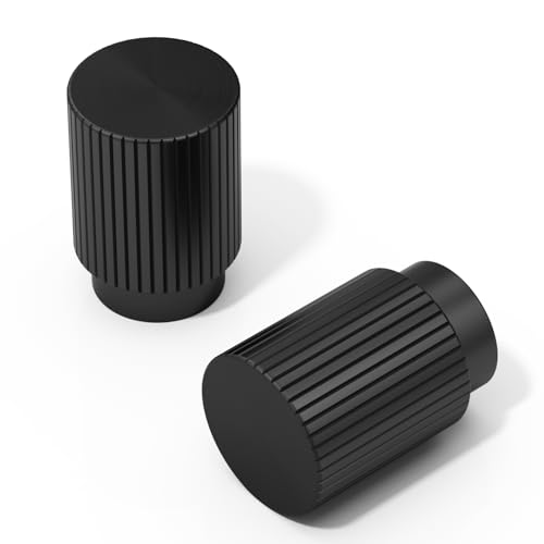FURNIWARE 10 Pack Matt Black Cabinet Knobs, Vertical Lines Design, 20mm Round Head, Vintage Aluminium Pull Handles, Retro Door Knob for Kitchen Cupboard, Dresser, Wardrobe