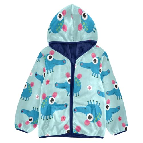 Blue Creatures Pig with Flowers Toddler Fleece Jacket Girl Boys Hooded Fleece Jacket Coat Warm Outwear Zip-up 3-10T