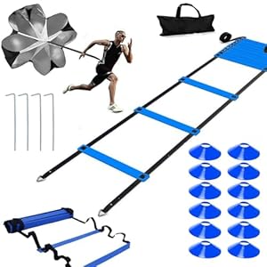 Agility Ladder,20ft Agility Ladder,Speed Ladder, Soccer Ladder Training Set, with 12 Training Cones and Resistance Parachute- Blu