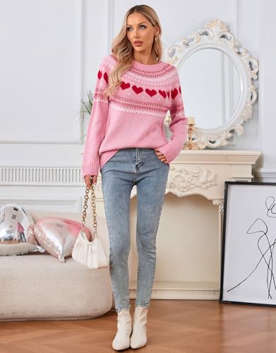 Image of Women's Fair Isle Sweater Crew Neck Long Sleeve Heart Sweater Vintage Tops