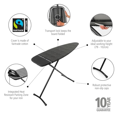Brabantia Size D Ironing Board (53 x 18in) Heat Resistant Parking Zone, Black Frame, Non-Slip Feet, Suitable for Sit Down Ironing (Denim Black)