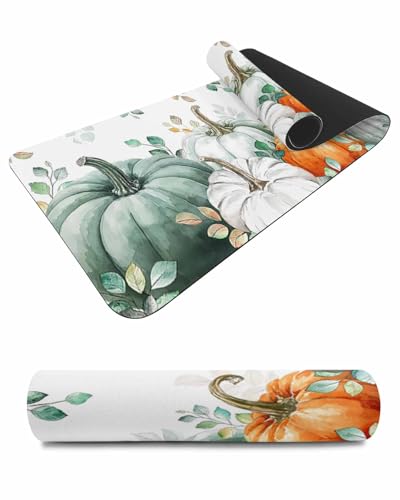 Debedcor Heat Proof Table Pads Waterproof Decorative, Green Pumpkin Non-Slip Table Countertop Protector, Thanksgiving Fall Eucalyptus Leaves Insulation Mat for Dining Room, 48 x 12 Inches