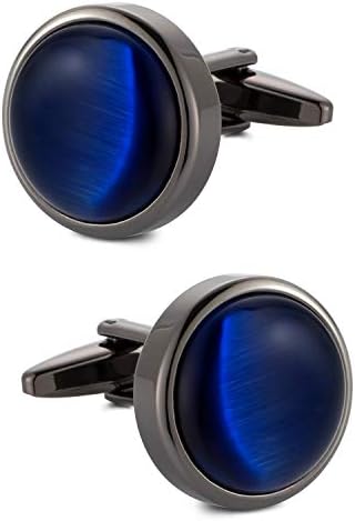VIILOCK Round Cat Eye Cufflinks for Men Dark Blue Opal Cuff Links in Gun Black Business Shirt
