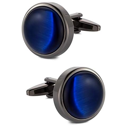 VIILOCK Round Cat Eye Cufflinks for Men Dark Blue Opal Cuff Links in Gun Black Business Shirt Cover