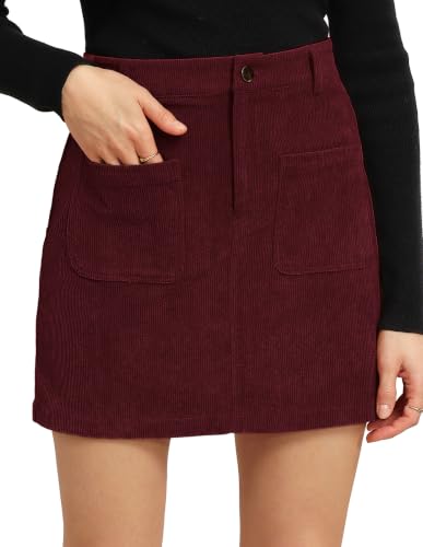 Kate Kasin Women Fall Mini Pencil Wine Red Corduroy Skirt with Pockets XL
