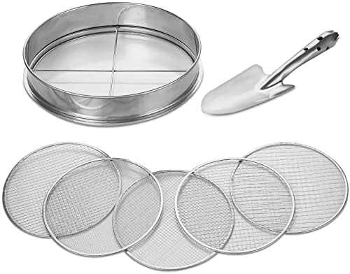 johgee 5 in 1 Gartensieb aus Edelstahl Witterungsbeständig Sieb, mit 5 austauschbare Siebeinsätze Ø 3,6,9,10,12 mm + 26cm lang Handspaten für Erde Steine Kompost Sand usw. 30 cm ru