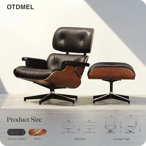 Image of Luxury Top Black Grain Leather Mid Century Chaise Lounge Chair with Ottoman, Premium Handcrafted Walnut Wood, Ergonomic Modern Accent Chair for Living Room Office