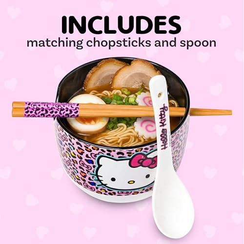 Image of Silver Buffalo Sanrio Hello Kitty Leopard, Ramen Bowl with Chopsticks, 20oz | Pink Print, Ceramic, Noodle Rice, Includes Spoon, Microwave Safe, 0.59 Liters