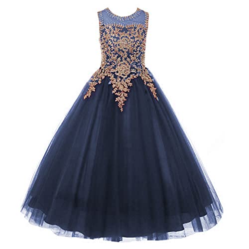WDE Formal Little Girls Long Pageant Dresses Prom Ball Gown Gold Lace Tulle(12,Navy) by WDE - Used condition - US$62.08
