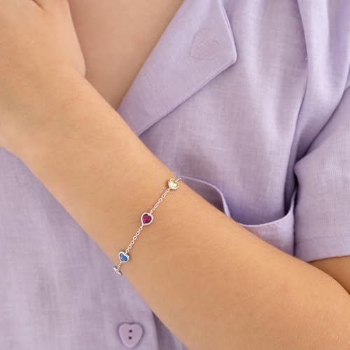 925 Sterling Silver Multicolored Bezel Heart Linked Bracelet For Little Girls - Children's Heart Themed Bracelets - Colorful Bezel Bracelet For Young Girls3