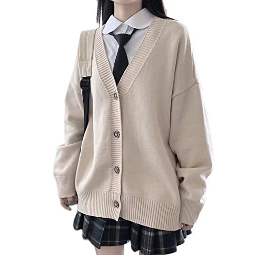 Women's Japanese College Style Loose V-Neck Knitted Cardigan Female JK Jacket Japanese School Uniform Beige2