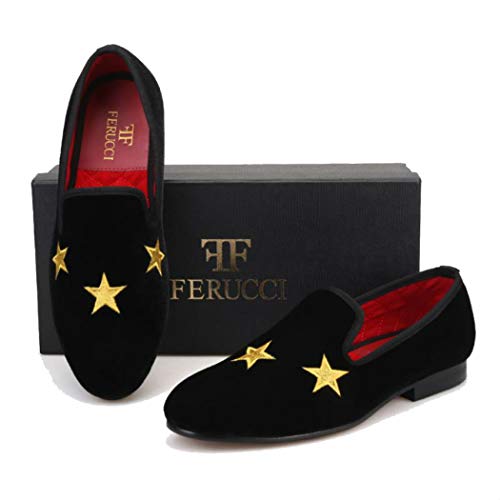 FERUCCI Handmade Men Black Velvet Slippers Flats Loafers with Gold Stars4