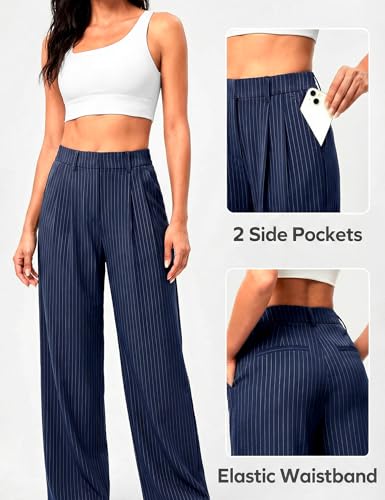 Mlenhor Women's High Waisted Pinstripe Wide Leg Pants, Flowy & Stretchy Dress Pants, Casual Work Trousers with Pockets (US, Alpha, X-Large, Regular, Regular, Royal Blue) — view 6
