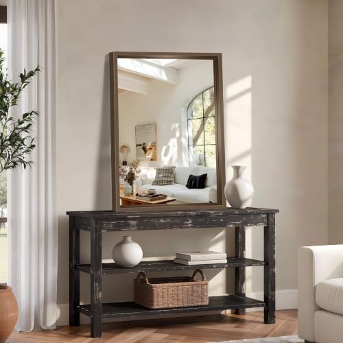 Image of Bathroom Mirror, 30 x 42 inch Walnut Wood Grain Colored Aluminum Metal Frame Bathroom Vanity Mirror, Rectangle Wall Mirror for Bedroom Living Room, Tempered Glass, Horizontal or Vertical