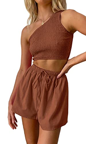 PRETTYGARDEN Damen 2 Stück Sommer Outfits Casual One Shoulder Crop Top und Hohe Taille Shorts Loungewear Set, Braun, S Cover